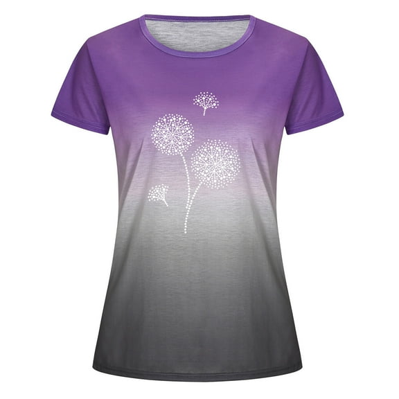 USSUMA Plus Womens Tops Dressy Casual Ombre Cute Round Neck Women's Tunics Dandelion Print Basic Tee T Shirts for Women Short Sleeve Summer Blouses Trendy