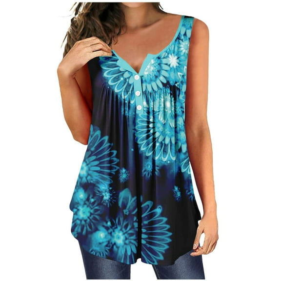USSUMA Plus Womens Tops Dressy Casual Pleated Flowy Tank V Neck Women's Tunics Floral Print Button Vest Basic Tee T Shirts for Women Sleeveless Summer Blouses Trendy