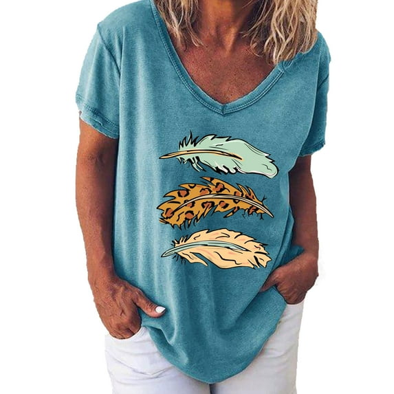 USSUMA Plus Womens Tops Dressy Casual Short Sleeve Crewneck Women's Shirts and Blouses Oversized Funny Graphic T-Shirts for Female Trendy Cute Feather Graphic Tunic Top Summer