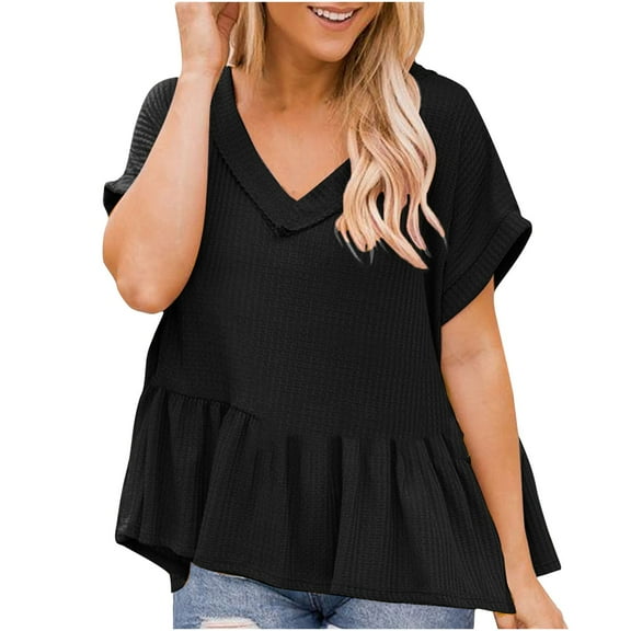 USSUMA Plus Womens Tops Dressy Casual Short Sleeve V Neck Women's Shirts and Blouses Flare Swing Peplum T-Shirts for Female Trendy Solid Loose Tunic Top Summer