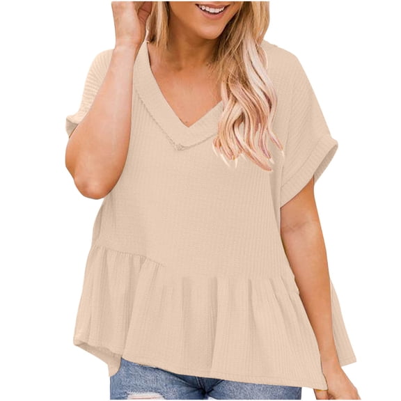 USSUMA Plus Womens Tops Dressy Casual Short Sleeve V Neck Women's Shirts and Blouses Flare Swing Peplum T-Shirts for Female Trendy Solid Loose Tunic Top Summer