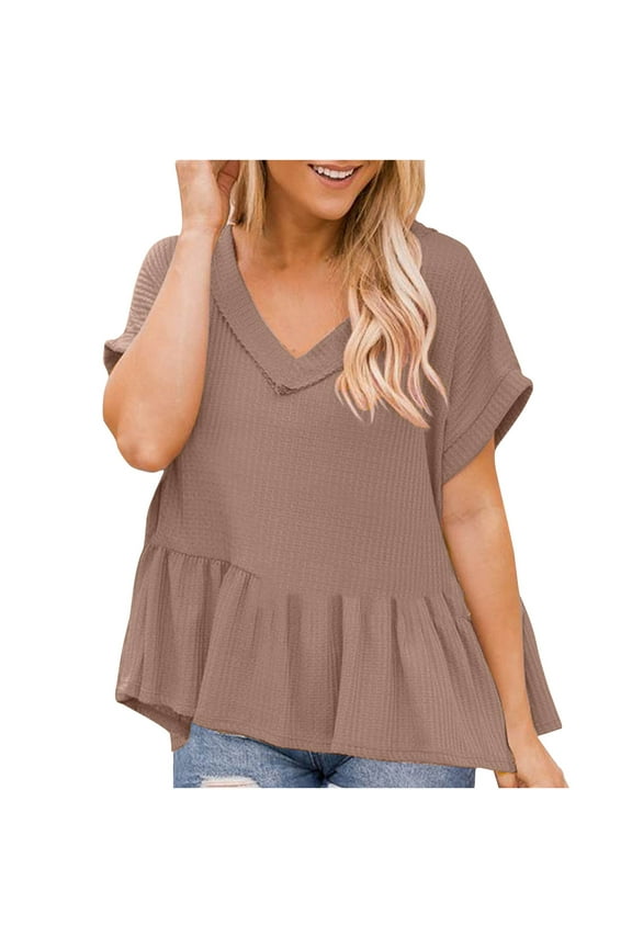 USSUMA Plus Womens Tops Dressy Casual Short Sleeve V Neck Women's Shirts and Blouses Flare Swing Peplum T-Shirts for Female Trendy Solid Loose Tunic Top Summer