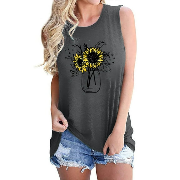 USSUMA Plus Womens Tops Dressy Casual Sleeveless Crewneck Women's Shirts and Blouses Loose Graphic Tank Tops T-Shirts for Women Trendy Sunflower Vase Print Tunic Top Summer Beach