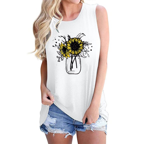 USSUMA Plus Womens Tops Dressy Casual Sleeveless Crewneck Women's Shirts and Blouses Loose Graphic Tank Tops T-Shirts for Women Trendy Sunflower Vase Print Tunic Top Summer Beach