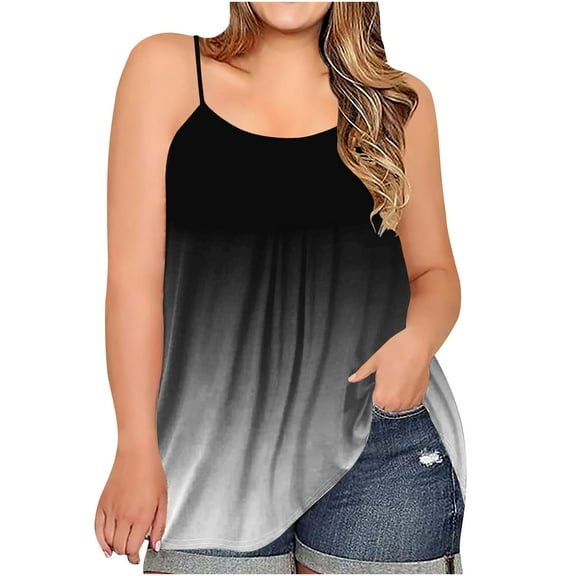USSUMA Plus Womens Tops Dressy Casual Sleeveless Round Neck Women's Shirts and Blouses Plus Size Spaghetti Strap Camis T-Shirts for Women Trendy Flowy Floral Print Tunic Top Summer Beach