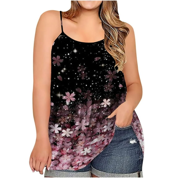 USSUMA Plus Womens Tops Dressy Casual Sleeveless Round Neck Women's Shirts and Blouses Plus Size Spaghetti Strap Camis T-Shirts for Women Trendy Flowy Floral Print Tunic Top Summer Beach