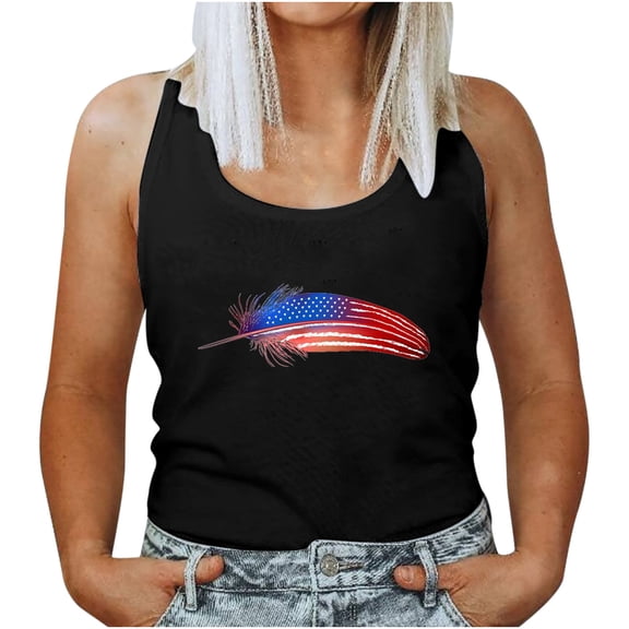 USSUMA Plus Womens Tops Dressy Casual Sleeveless Round Neck Women's Shirts and Blouses US 4th of July Tank Tops T-Shirts for Women Trendy American Flag Graphic Vest Tunic Top Summer Beach