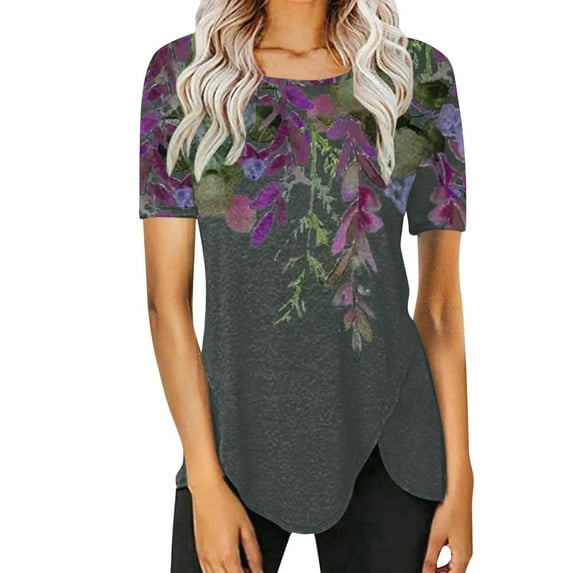 USSUMA Plus Womens Tops Dressy Casual Vintage Irregular Hem Crewneck Women's Tunics Floral Print Graphic Basic Tee T Shirts for Women Short Sleeve Summer Blouses Trendy