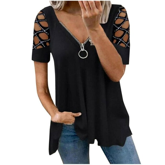 USSUMA Plus Womens Tops Dressy Casual Women Short Sleeve Strappy Cold Shoulder T-Shirt Tops Blouses Casual Loose Basic T Shirts Zipper V Neck Flowy Tunics