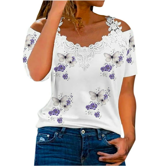 USSUMA Cold Shoulder Blouses for Women Dressy Casual Floral Printed Lace Shirts Short Sleeve V-Neck Cute Tees Womens Lace Tops