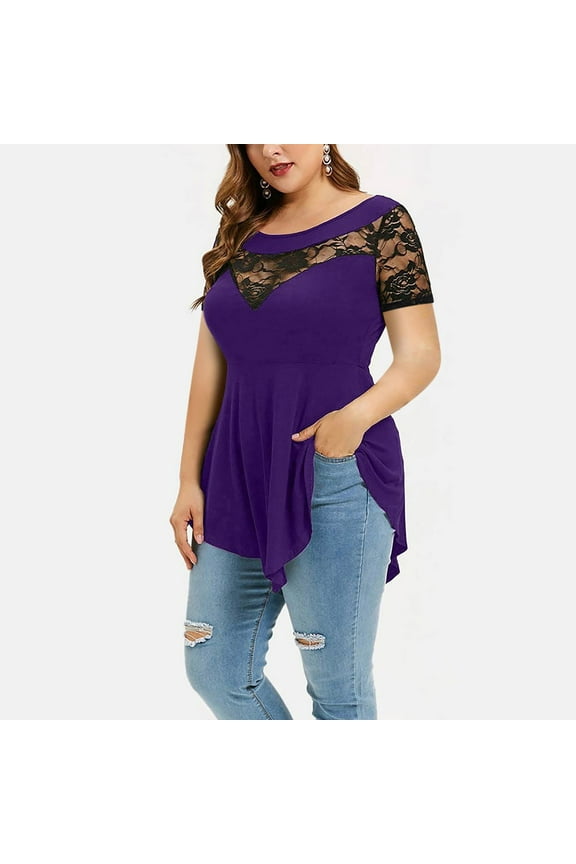 USSUMA Women's Plus Size Blouse Floral Lace Tops Asymmetric Swing Tunic Causal O-Neck T Shirt