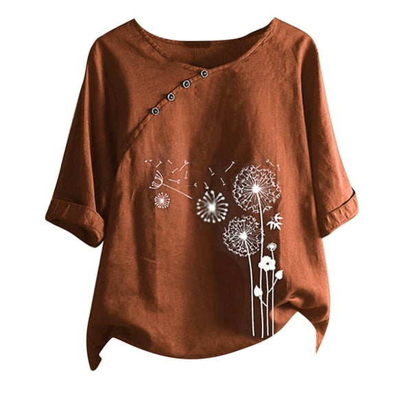 USSUMA Summer Tops For Women Trendy Women's Plus Size Summer Cotton Linen Tunic Shirt Vintage Dandelion Print Tops Short Sleeve Blouse T-Shirt