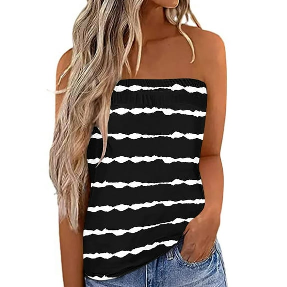 USSUMA Plus Womens Tops Dressy Casual Women's Sexy Sleeveless Blouse Pleated Tube Top Striped Strapless Sleeveless Summer Tube Crop Top Pleated Tank Sihrts