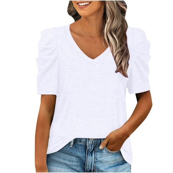 USSUMA Plus Womens Tops Dressy Casual Womens Summer Shirt V Neck Casual Tshirts Puff Sleeve Tops Dressy Casual Blouse for Women Solid Color