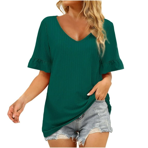 USSUMA Plus Womens Tops Dressy Casual Womens V Neck Tops Ruffle Short Sleeve Knit T-Shirt Blouses Summer Casual Loose Flowy Shirts