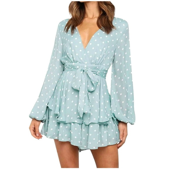 USSUMA Polka Dot Women's Dresses Short Mini Sundresses for Women Casual Summer Long Sleeve Pleated Ruffle Flowy Swing Sun Dress Beach Vacation V-Neck Graduation Dress