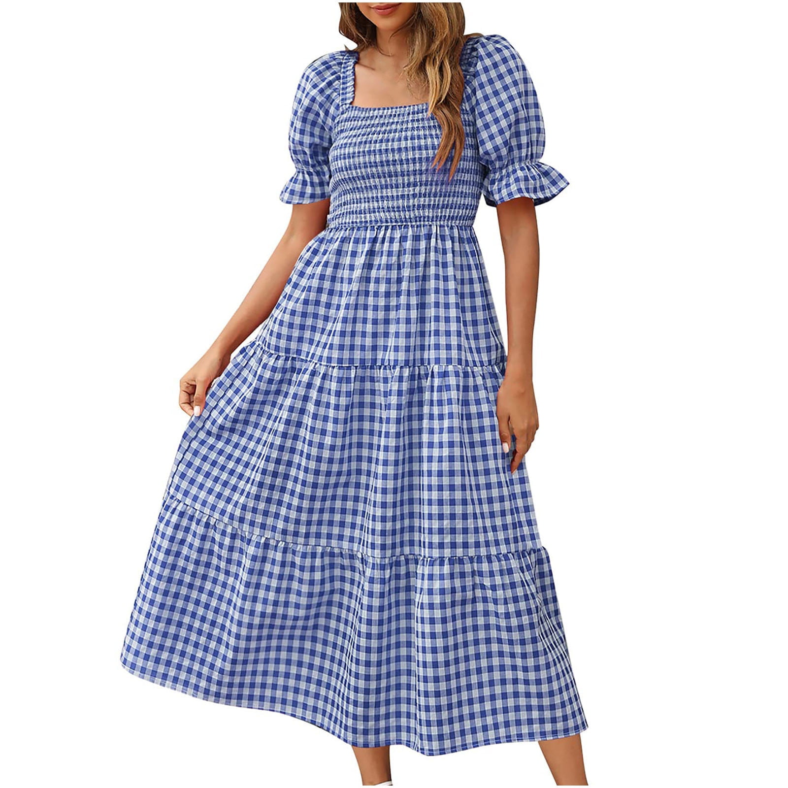 Leaduty Women's Bohemian Maxi Dress - Square Neck, Smocked High Waist, Ruffle Hollow Out Flowy A-Line, White, Plus Size X-Large - View #4