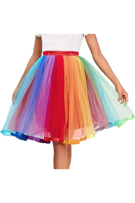 Rainbow Mesh Layered Pleated Ankle Skirt With Lining Elastic Waist Tiered Puffy A-Line Full Hem Colorblock Tulle For Parties Dance Performances And Festival Styling