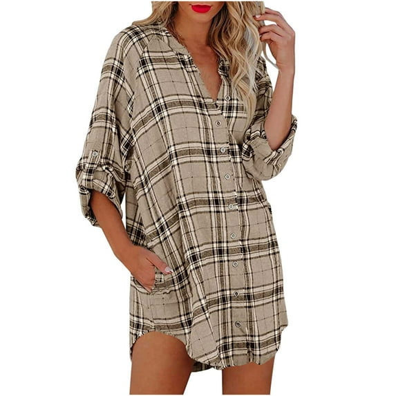 USSUMA Roll Up Sleeve Women Tops Dressy Casual Plus Size Button Up Loose Trendy T-Shirt Shirts Plaid Color Block Tunics Top Plus Size for Women V Neck Fall Female Blouse Long Sleeve