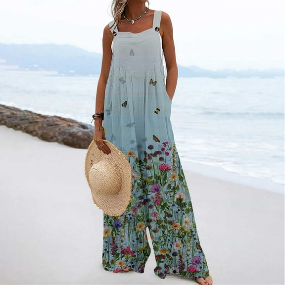 USSUMA Rompers for Women Fashion Loose Baggy Pocket Button Strap Pleated Swing Long Jumpsuits Summer Dressy Casual Floral Print Square Neck Sleeveless Maxi Jumpsuits Deals up to 70% off Sky Blue L