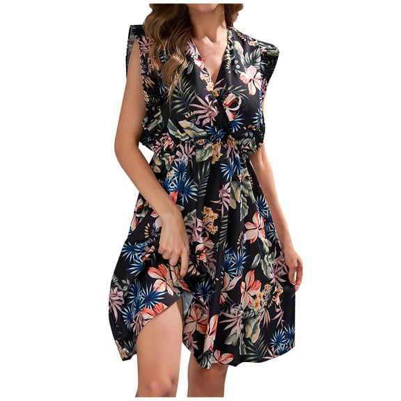 USSUMA Ruffle Flowy Swing Short Boho Dress for Women Wedding Guest Mini Summer Dresses Casual Tropical Print Boho 2022 Sundresses Casual Beach Sleeveless V Neck Sun Dresses