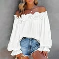 thumbnail image 1 of USSUMA Ruffle Hem Lantern Sleeve Shirts for Women Off The Shoulder Design Casual Blouse Tied Detail Top Elegant Spring Outwear Holiday Deals, 1 of 6