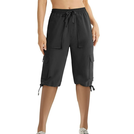 USSUMA Running Shorts for Women Solid Color Drawstring Summer Fashion Elastic Waist Casual with Pocket Cargo Shorts Active Short Pants Straight Pants Half Shorts Wide Legs Womens Shorts Black Xxl