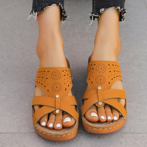 USSUMA Sandals for Women 2025 Women's Plus Size Summer Casual Solid Color Flip-flops Beach Wedge Fish Mouth Sandals Date Night Heeled Sandals Clearance