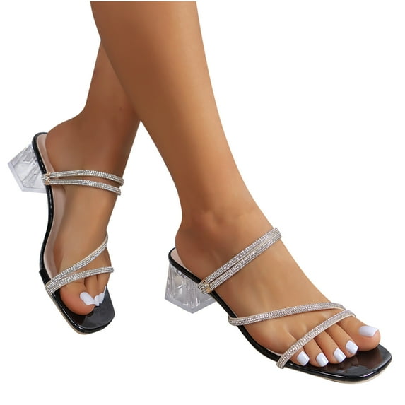 USSUMA Sandals Women Water Diamond Sandals Women's High Heels British Style Fashionable Comfortable Thick Heels Two Wearing Sandals Quick-Errand Running Slides Today Discount