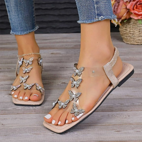 USSUMA Sandals Women Women's Summer New Large Size Rhinestone Flat Transparent One-line Strap Sandals Women's Everyday Slide Sandals up to 30% off
