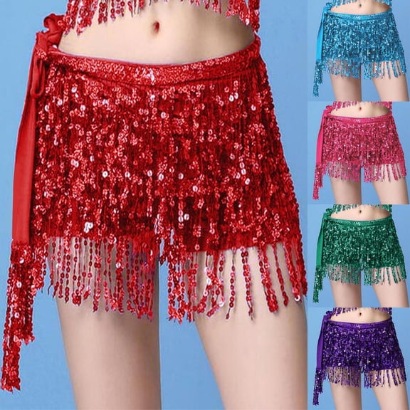 USSUMA Sequin Tassel Hip Scarf Belly Dance Wrap With Adjustable Tie And Bandage Waist Chain Fringe For Women Sparkling Stage Performance Festival Costume Accessory — Dance Skirt