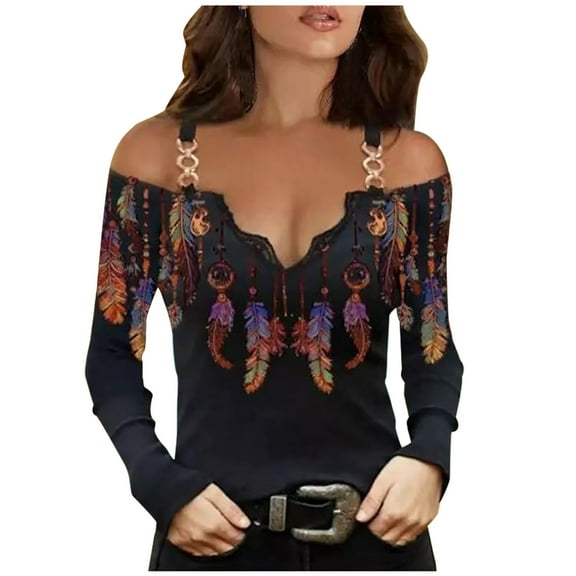USSUMA Sexy Tops for Women Trendy Going Out Western Aztec Printed Lace Shirt Long Sleeve V-Neck Dressy Casual Lace Blouse
