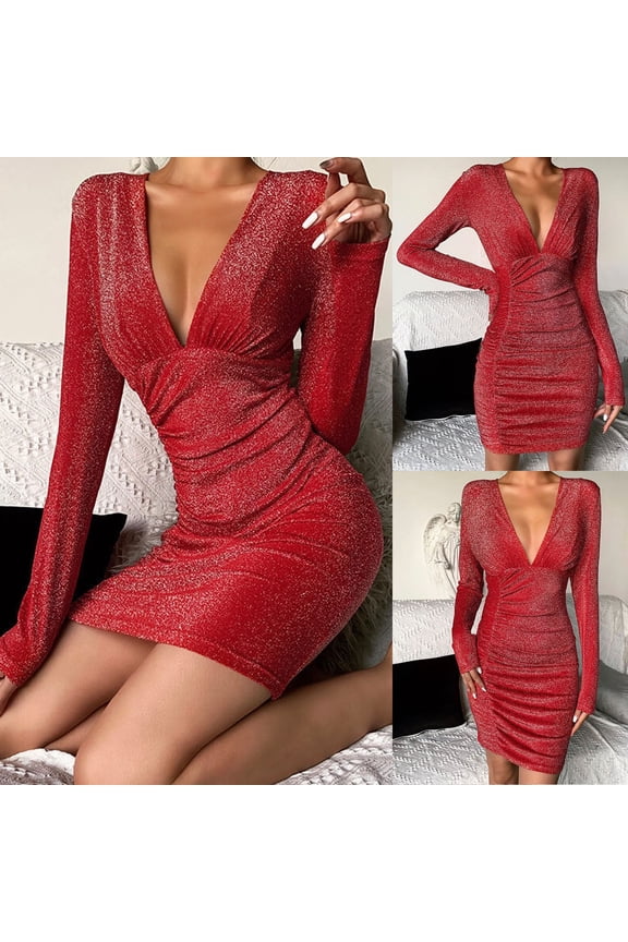 Shiny V-Neck Long-Sleeve Mini Dress Bodycon Irregular Hem High-Elastic Fabric Sleek Contour Fit For Evening Parties Clubwear Cocktail Events And Date Night Dress