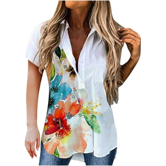 USSUMA Shirts Dresses for Women Button Down Floral Print V Neck Short Sleeve Blouse Tops