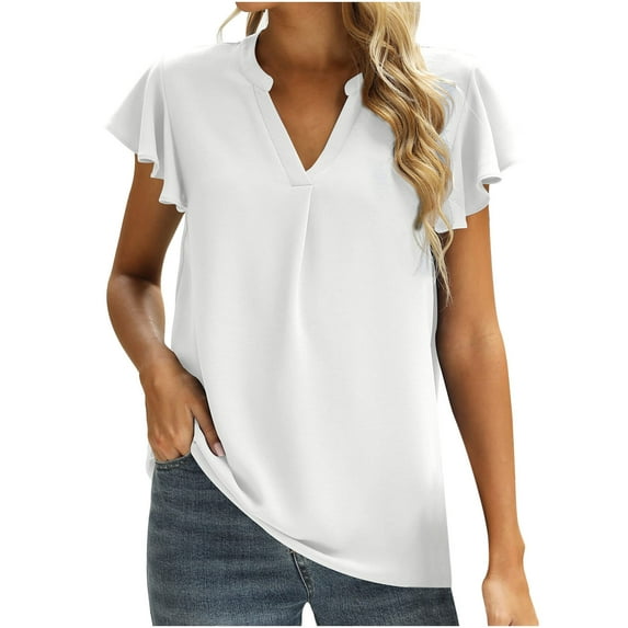 USSUMA Shirts for Women Dressy Casual Women's Summer Tops Casual V Neck Shirts Ruffle Short Sleeve Solid Color Blouse Loose Fashion Tunic Tops for Women