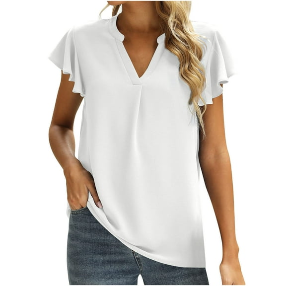 USSUMA Shirts for Women Dressy Casual Women's Summer Tops Casual V Neck Shirts Ruffle Short Sleeve Solid Color Blouse Loose Fashion Tunic Tops for Women