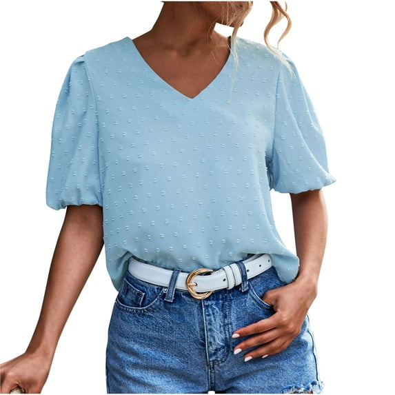 USSUMA Shirts For Women Fashion ShirtsV Neck Summer Tops Blouse Tees For Women Solid Color Short Sleeve Plus Tunics Tops Summer Classic T-Shirt Ladies Tops Trendy