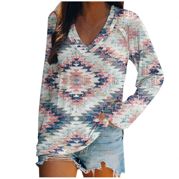 USSUMA Shirts for Women Graphic Tees - Long Sleeve Blouses For Women Oversized Boho Comfort Scoop Neck Women Shirt Tops Feather Landscape Print Blouses For Women