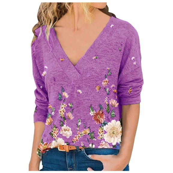 USSUMA Shirts for Women Trendy, Women's Junior Tee Shirt Long-Sleeves Graphic Camo Printed V-neck 2022 Bohemian Cute T Shirt Loose Blouse T-shirts Graphic Skull Print Tunic Tops