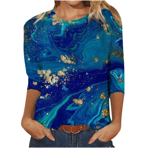 USSUMA Shirts for Women Casual,3/4 Sleeve Shirts for Women Summer Round Neck Loose Pullover Tunics Casual Landscape Tops Blouse Tee