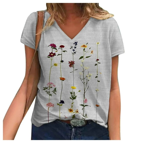 USSUMA Shirts for Women Dressy Casual Women's Short Sleeve Tunic Top V Neck Floral Print Shirt Oversized Summer Casual Blouse