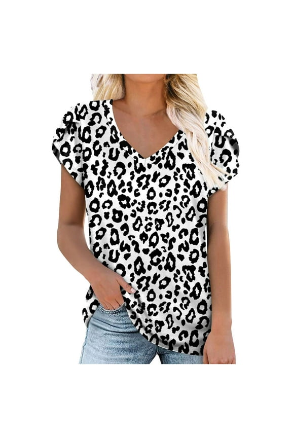 USSUMA Shirts for Women Dressy Casual Womens Camoflage Tops V Neck Summer Petal Sleeve Casual Tshirts Loose Fit Summer V Neck Tunics Basic Blouses