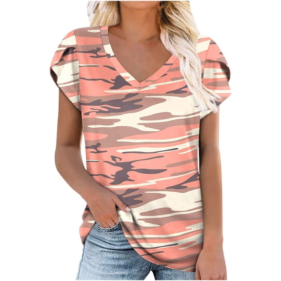 USSUMA Shirts for Women Dressy Casual Womens Camoflage Tops V Neck Summer Petal Sleeve Casual Tshirts Loose Fit Summer V Neck Tunics Basic Blouses