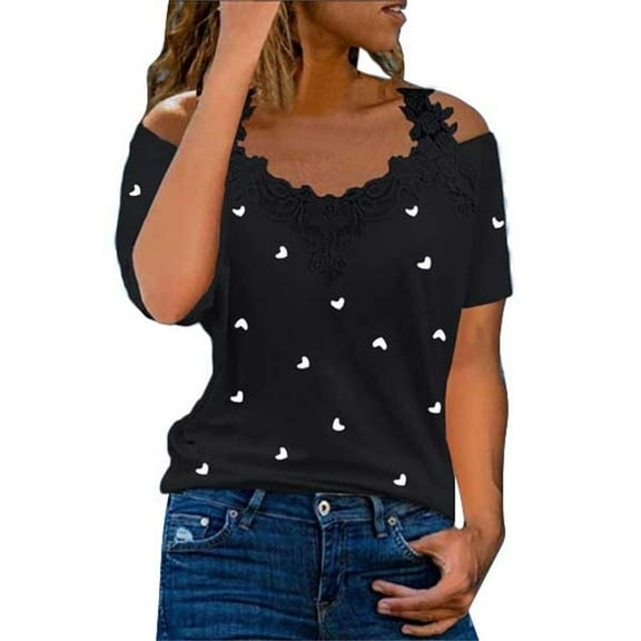 USSUMA Shirts for Women Trendy Cold Shoulder Floral Printed Women Blouse Short Sleeve V Neck Sexy Womens Tops Dressy Casual
