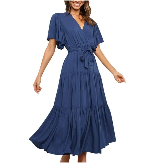 USSUMA Short Sleeve Summer Dresses for Women Casual Belted A Line Pleated Long Beach Party Maxi Sundresses V Neck Plus Dress Tiered Boho Solid Swing Sun Dress Wedding Guest