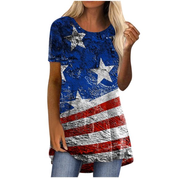 USSUMA Short Sleeve Women Tops Dressy Casual 4th of July Patriotic USA Flag 2022 Trendy T-Shirt Shirts Round Neck Stars Stripe Plus Size Tunics Top for Women Summer Blouse