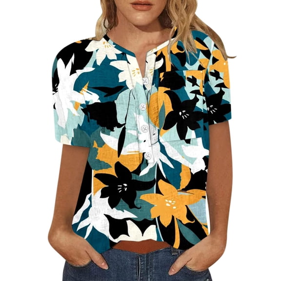 USSUMA Short Sleeve Women Tops Dressy Casual Buttons Cute Graphic 2022 Trendy T-Shirt Shirts V Neck Hawaiian Tropical Print Plus Size Tunics Top for Women Summer Blouse