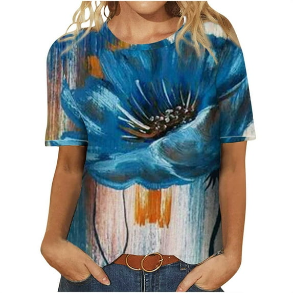 USSUMA Short Sleeve Women Tops Dressy Casual Oli Painting Graffiti 2022 Trendy T-Shirt Shirts Vintage Floral Tunics Top Plus Size for Women Crewneck Summer Blouse