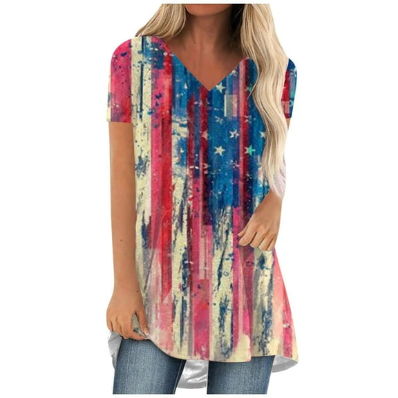 USSUMA Short Sleeve Womens Blouses and Tops Dressy 4th of July American Flag Plus Womens Tops Casual Patriotic Flowy Long T-Shirts Shirt for Women Trendy V Neck Tunic Plus Size