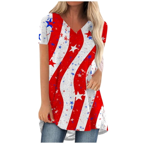 USSUMA Short Sleeve Womens Blouses and Tops Dressy 4th of July American Flag Plus Womens Tops Casual Patriotic Flowy Long T-Shirts Shirt for Women Trendy V Neck Tunic Plus Size